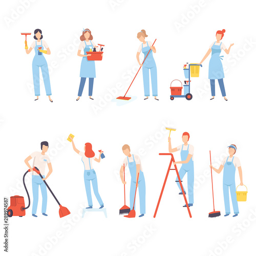 Professional Cleaners with Cleaning Equipment, Cleaning Company Staff Characters Dressed in Uniform Flat Vector Illustration