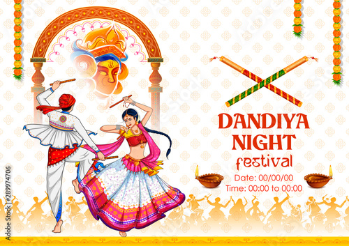 illustration of couple playing Dandiya in disco Garba Night banner poster for Navratri Dussehra festival of India