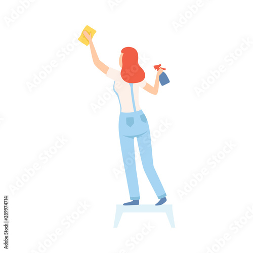 Female Professional Cleaner, Cleaning Company Staff Character Dressed in Uniform with Equipment Flat Vector Illustration