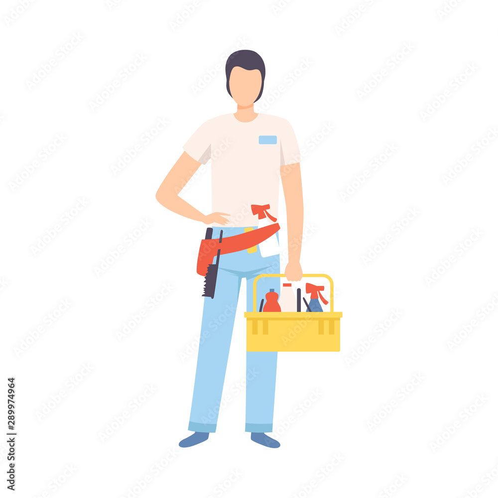 Male Professional Cleaner with Basket of Detergents, Cleaning Company Staff Character Dressed in Uniform with Equipment Flat Vector Illustration