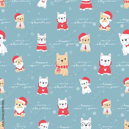cute french bulldog puppy dog in christmas costume for christmas or new year party seamless pattern snow background