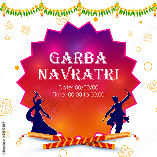 illustration of couple playing Dandiya in disco Garba Night banner poster for Navratri Dussehra festival of India