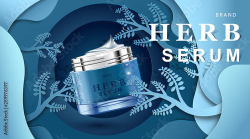 Luxury cosmetic Bottle package skin care cream, Beauty cosmetic product poster, with paper cut forest blue color background