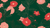 Floral seamless pattern, camellia flowers with leaves in red line art ink drawing on dark green
