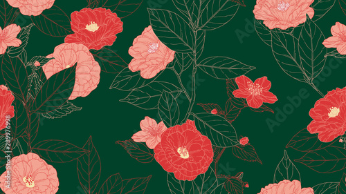 Floral seamless pattern, camellia flowers with leaves in red line art ink dra...