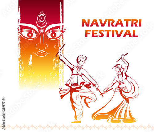 illustration of couple playing Dandiya in disco Garba Night banner poster for Navratri Dussehra festival of India