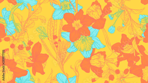 Floral seamless pattern, daffodil, sakura and leaves in orange and blue line art ink drawing on yellow