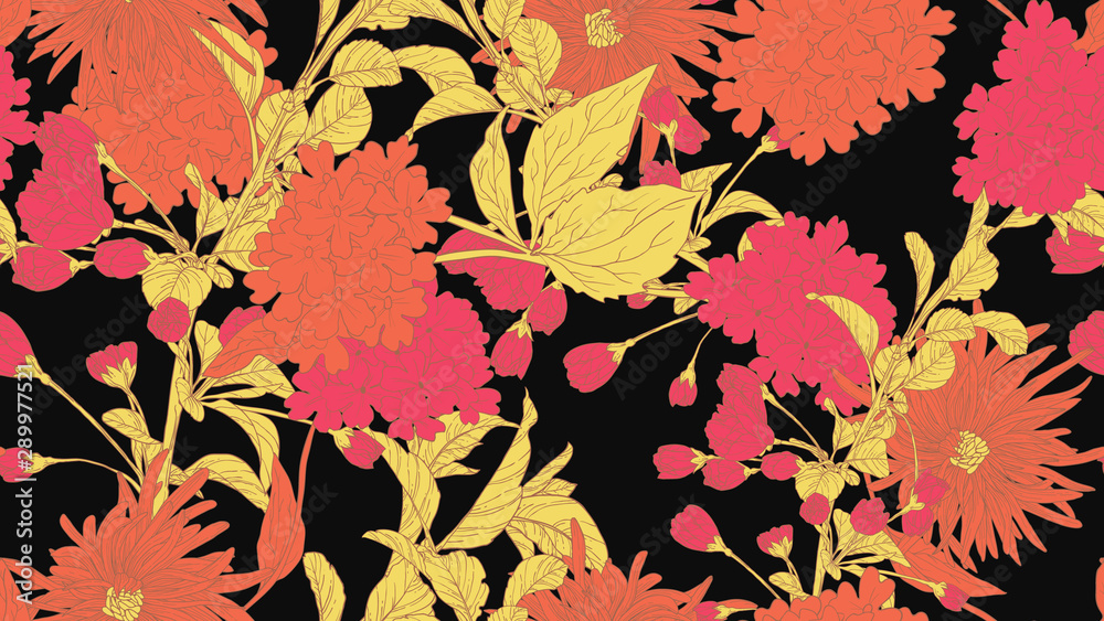 Floral seamless pattern, daffodil, sakura, hydrangea and chrysanthemum morifolium flowers in orange, pink and yellow line art ink drawing on dark grey Floral seamless pattern, daffodil, sakura, hydrangea and chrysanthemum morifolium flowers in orange, pink and yellow line art ink drawing on dark grey
