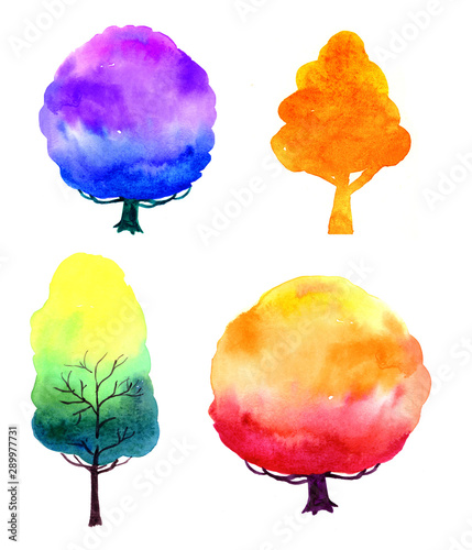 Watercolor illustration of colorful trees silhouettes. Background for for design cards.