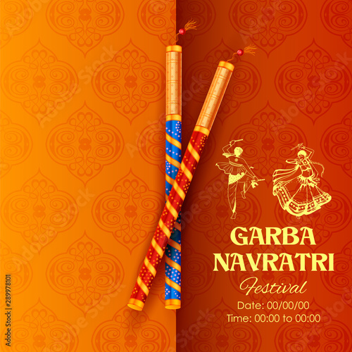 illustration of couple playing Dandiya in disco Garba Night banner poster for Navratri Dussehra festival of India