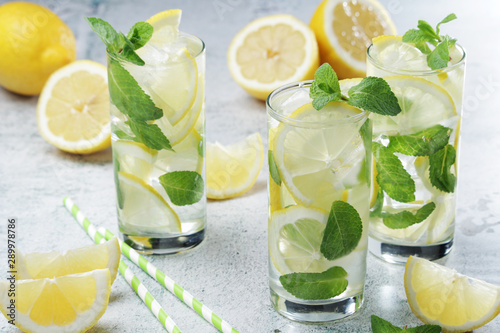Lemon and mint refreshing cocktail with ice cubes 