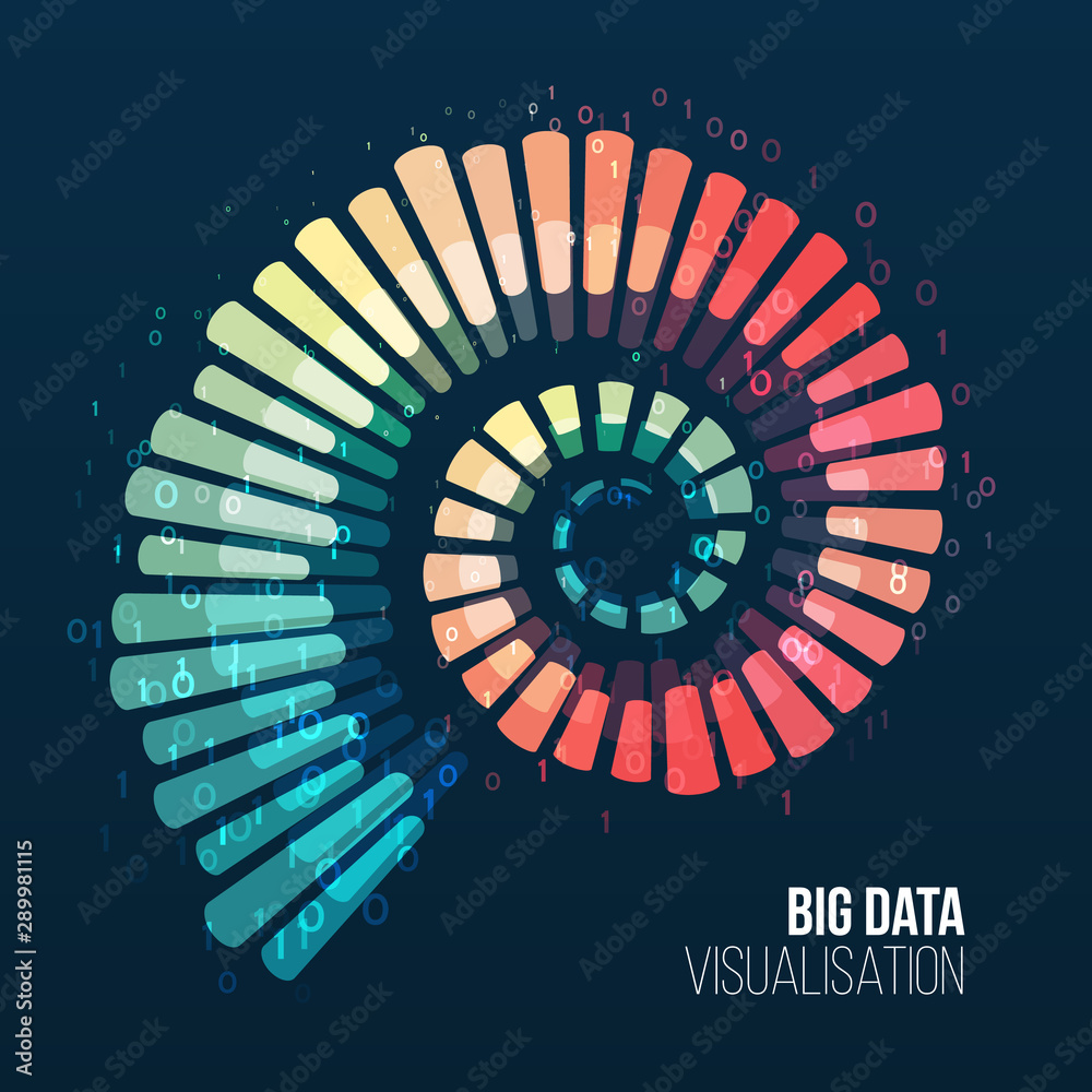 Big data visualization. Abstract background with spiral array and binary code. Connection structure. Data array visual concept. Big data connection complex.