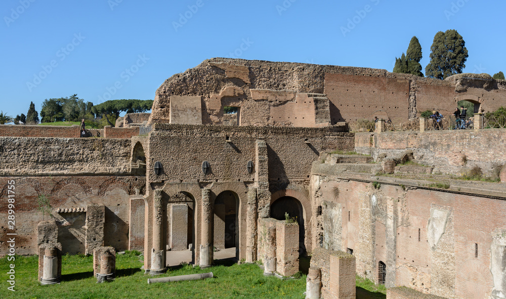 The Palatine is one of the main hills of Ancient Rome. A historical monument with architectural ruins. Lodge at the stadium of Domitian. Ancient Rome arose here The Palatine is one of the main hills of Ancient Rome. A historical monument with architectural ruins. Lodge at the stadium of Domitian. Ancient Rome arose here