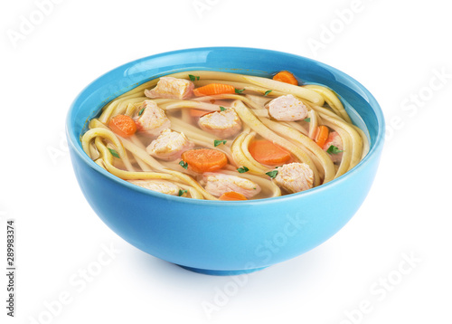 Chicken noodle soup isolated on white background.