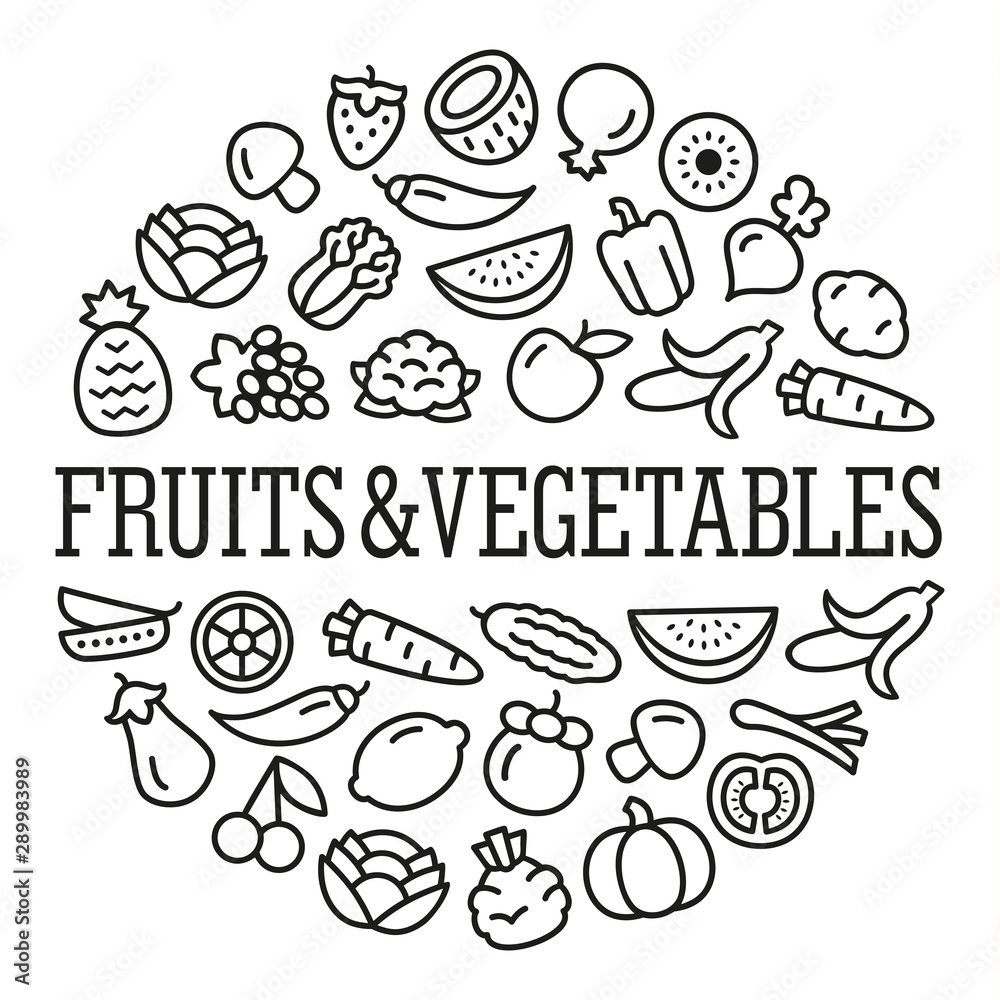 Vegetables and fruits icons in a circular shape