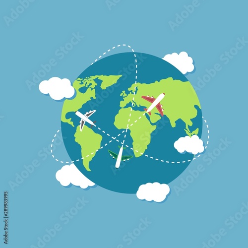 Plane flying around the world vector design illustration
