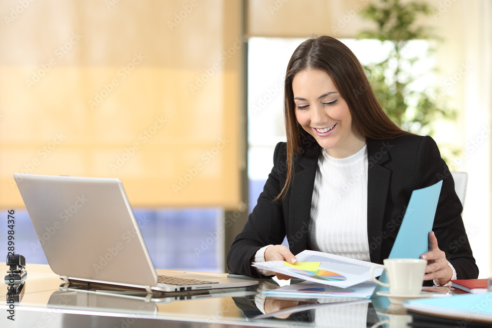 Happy executive checking documents at office Happy executive checking documents at office