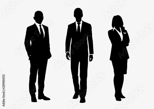 Business people group silhouettes pose on white background, flat line vector and illustration.