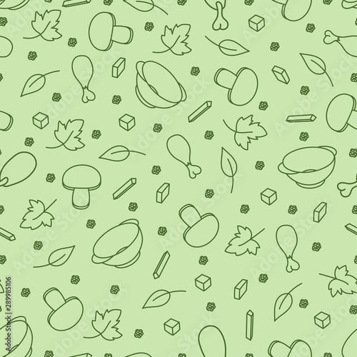 Kitchen seamless pattern. Outline drawings of food and soup plates on a light green background. Vector illustration.