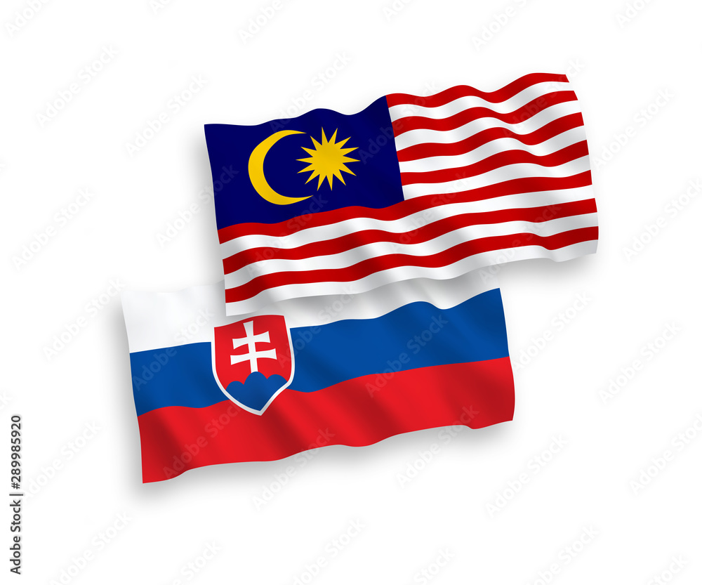 National vector fabric wave flags of Slovakia and Malaysia isolated on white background. 1 to 2 proportion. National vector fabric wave flags of Slovakia and Malaysia isolated on white background. 1 to 2 proportion.