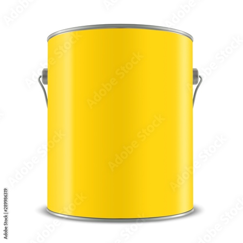 3d yellow tub, paint bucket container with metal handle, 3d illustration photo