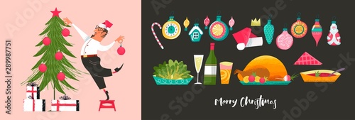 Merry Christmas. A man in a Santa hat decorates the Christmas tree. Vector illustration, set of Christmas decorations and festive food.