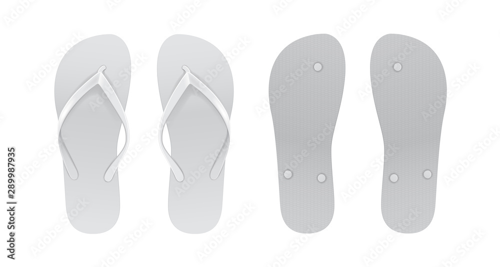 White Empty Flip Flop set. Front and back view. Vector Design Template of Summer Beach Flip Flops Pair For Advertising, logo print White Empty Flip Flop set. Front and back view. Vector Design Template of Summer Beach Flip Flops Pair For Advertising, logo print