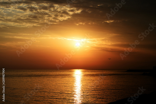 Beautiful sunrise over the sea on the coast of Sicily. Cefalu  Italy