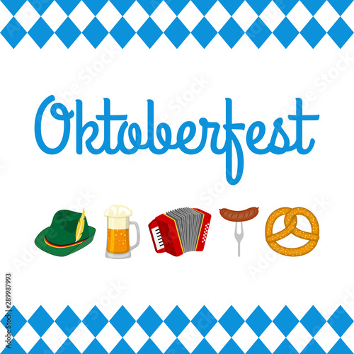 Oktoberfest banner with festival icons. Beer festival background with beer mug, pretzel, accordion, Bavarian hat, and sausage. Vector illustration.