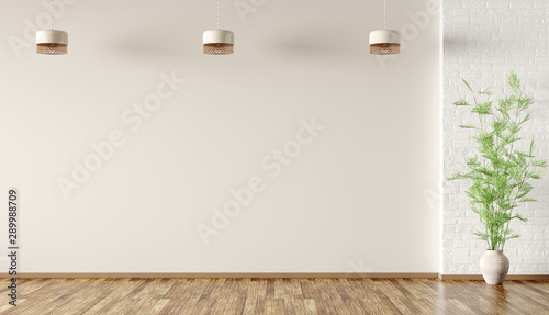 Interior background of room with beige wall and vase with green branch 3d rendering