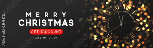 2020 New Years. Vintage gold shining clock report time five minutes to midnight. Background sparkle blur bokeh effect. Dark Xmas backdrop. Text Merry Christmas and Happy New Year. greeting card