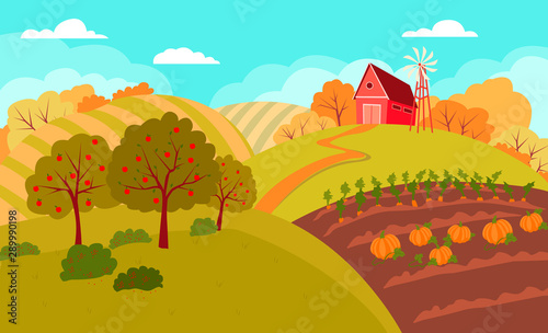 Autumn rural landscape with rolling hills and fields. Field farmland countryside