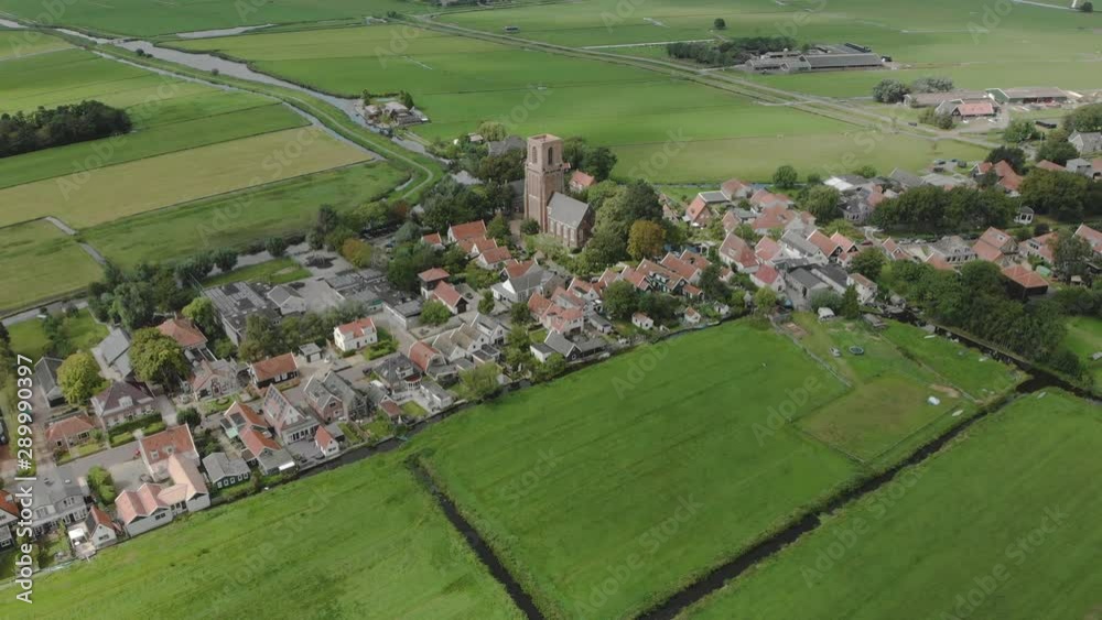 Aerial approach of the village Ransdorp with its agrarian surroundings near the city of Amsterdam in The Netherlands with clouds Aerial approach of the village Ransdorp with its agrarian surroundings near the city of Amsterdam in The Netherlands with clouds