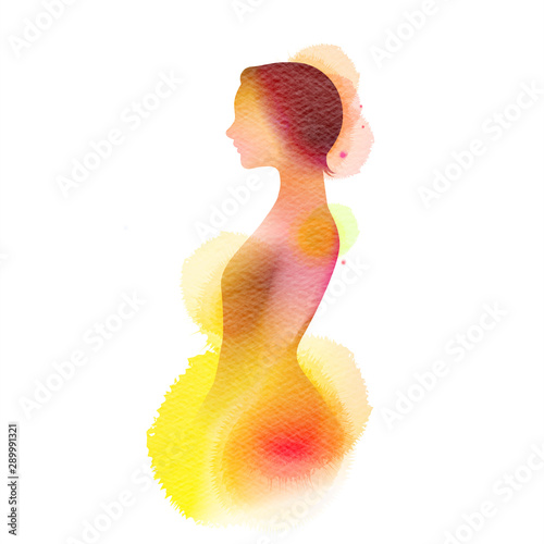 Double exposure illustration. Woman silhouette plus abstract water color painted. Digital art painting.