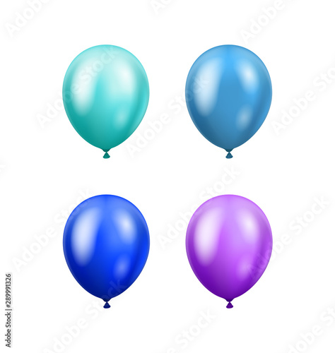 Multi-colored balloons isolated on white background. Glossy blue, azure, ultramarine and violet 3D realistic helium balloons. Vector concept for banner, cards and other designs.
