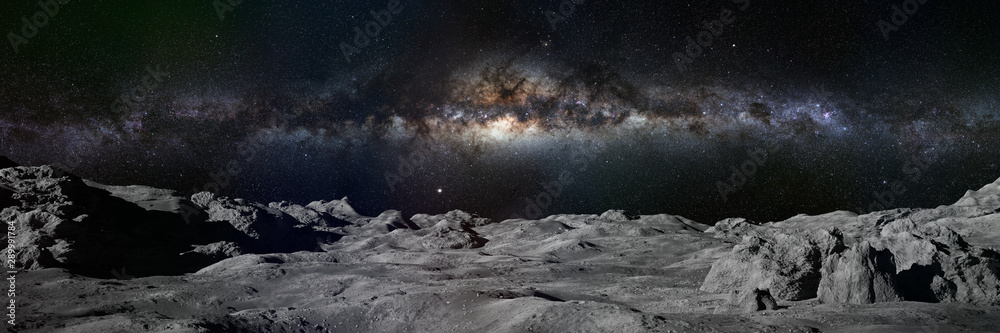 Moon surface, lunar landscape with Milky Way over the horizon