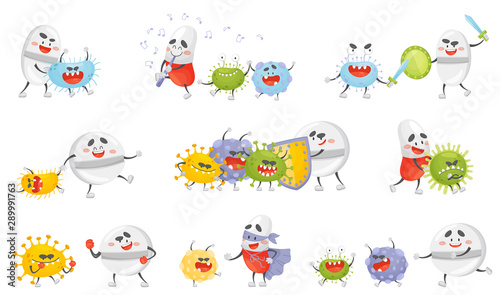 Set of cartoon pills and germs. Vector illustration.