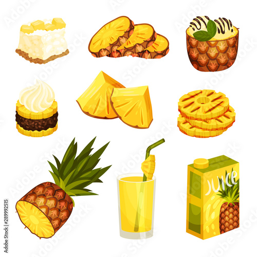 Set of various desserts and drinks from pineapple. Vector illustration on a white background.
