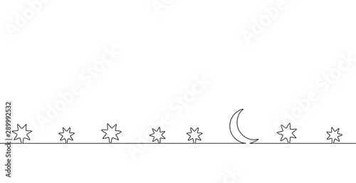 Single continuous one line art moon night. Sleep wall stars sky concept design sketch. Relax recreation starry evening holiday outline drawing vector illustration