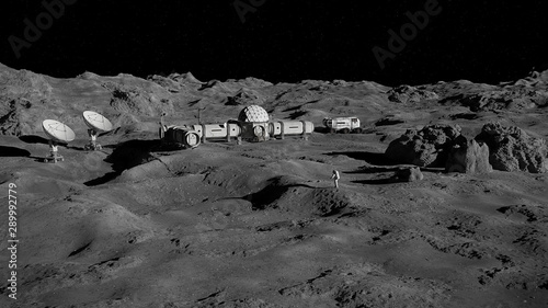 astronaut on Moon surface, lunar landscape with permanent base (3d science illustration) photo