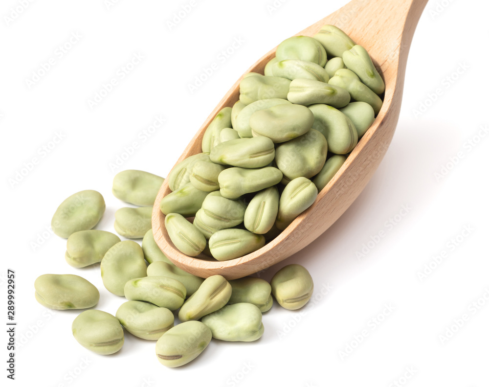 dried green broad beans in the wooden spoon, isolated on white background dried green broad beans in the wooden spoon, isolated on white background