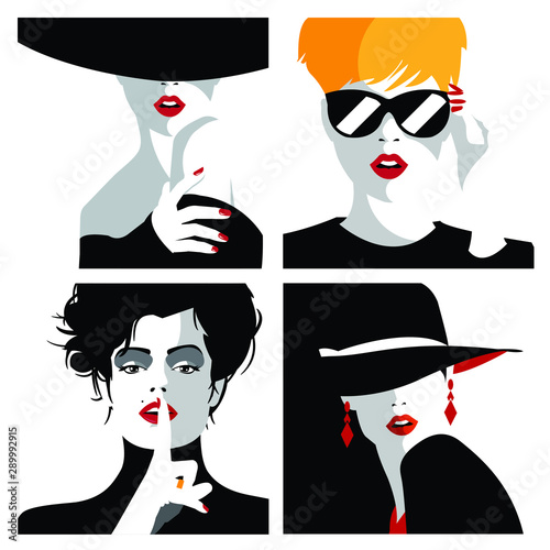 Group portraits of fashion women in style pop art. Fashion collage