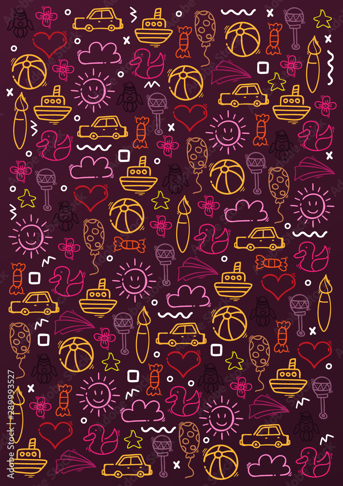 Naklejka premium Hand draw Kids doodle background. Objects from a child's life.