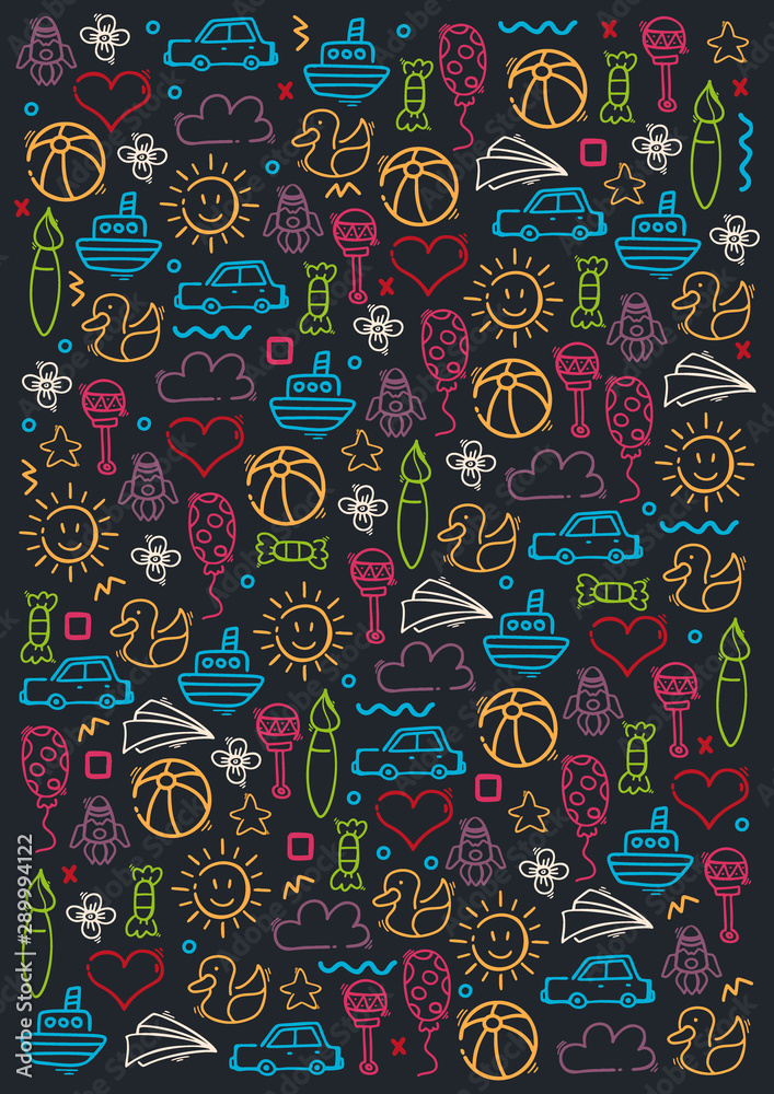 Naklejka premium Hand draw Kids doodle background. Objects from a child's life.