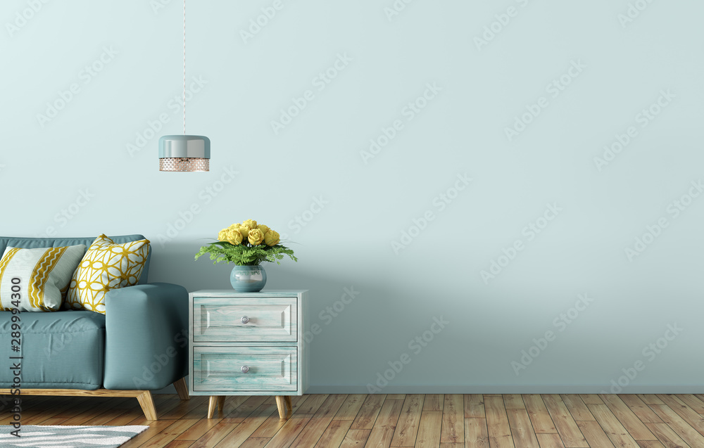 Obraz premium Interior of living room with blue sofa and chest 3d rendering