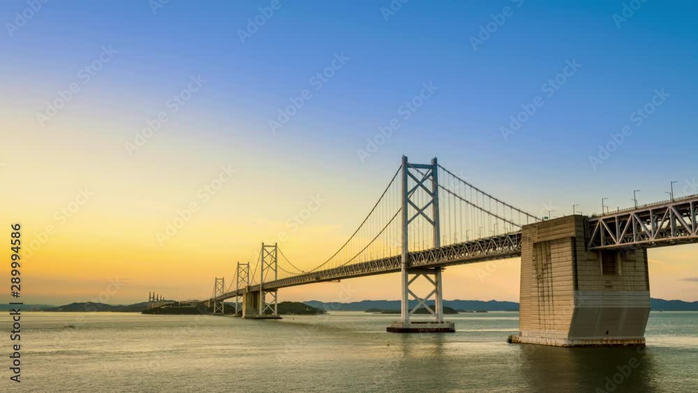 Sunset time lapse of Seto-Ohashi Bridge linking Kagawa and Okayama prefectures. World's longest two-tiered bridge. Sunset time lapse of Seto-Ohashi Bridge linking Kagawa and Okayama prefectures. World's longest two-tiered bridge.
