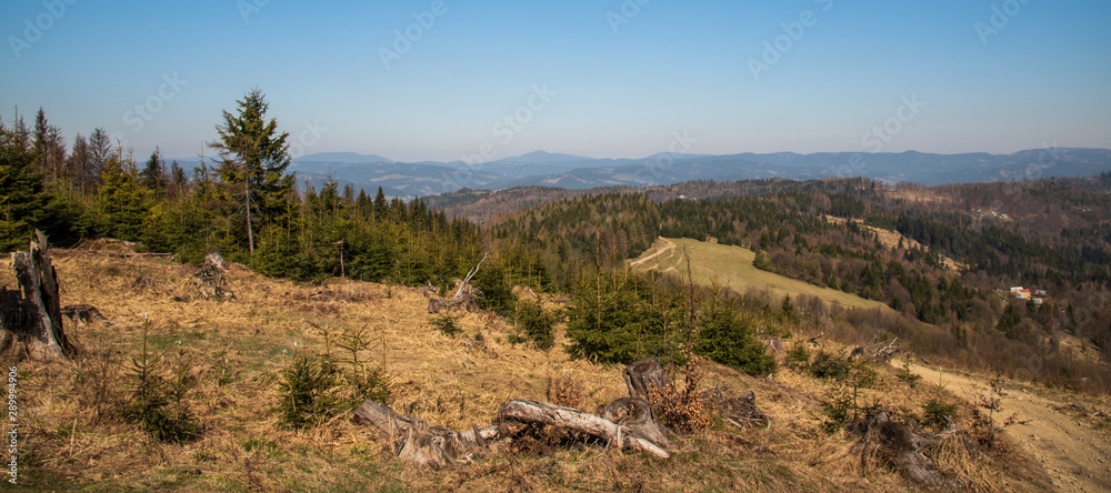 Turzovska vrchovina and Moravskoslezske Beskydy mountains panorama from Jakubovsky vrch hill in Javorniky mountains in Slovakia