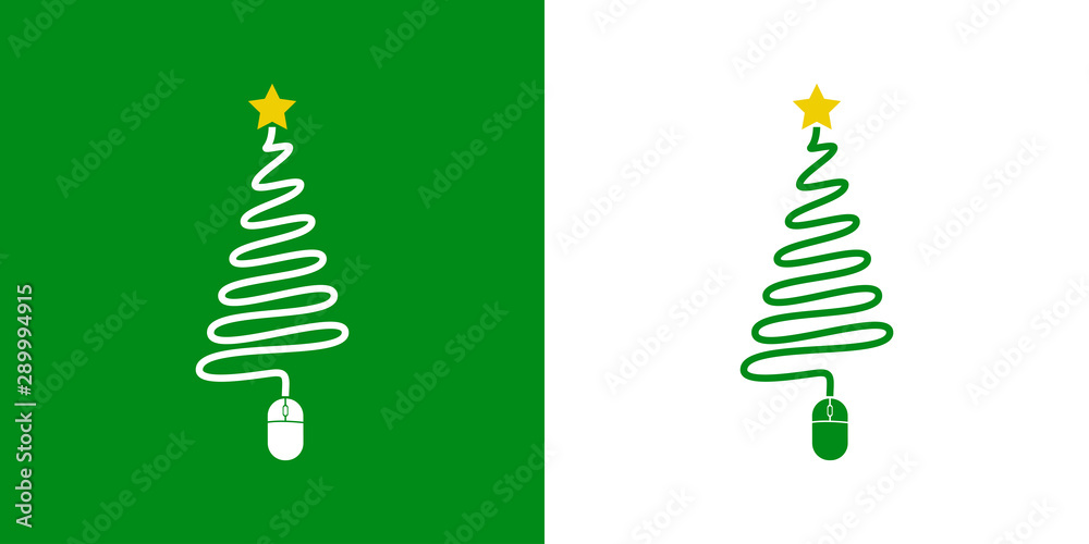 Logotipo con árbol de navidad abstracto con cable y mouse verde y blanco - obrazy, fototapety, plakaty 