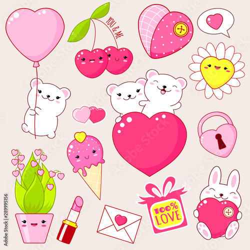 Set of cute Valentine's day icons in kawaii style