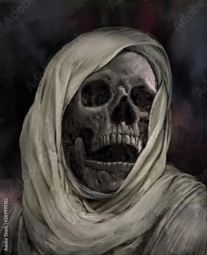 Creepy human skull for horror, Halloween or death themed concepts. illustration painting of digital art style